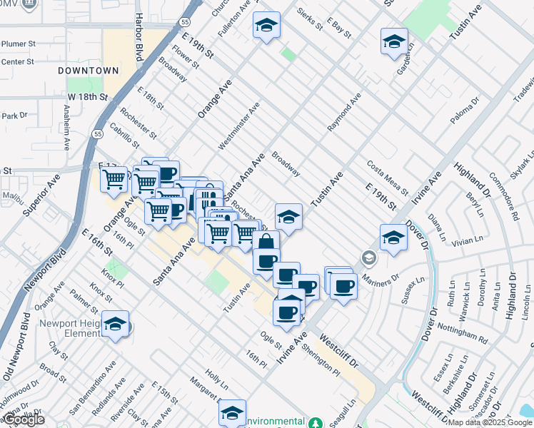map of restaurants, bars, coffee shops, grocery stores, and more near 363 East 18th Street in Costa Mesa