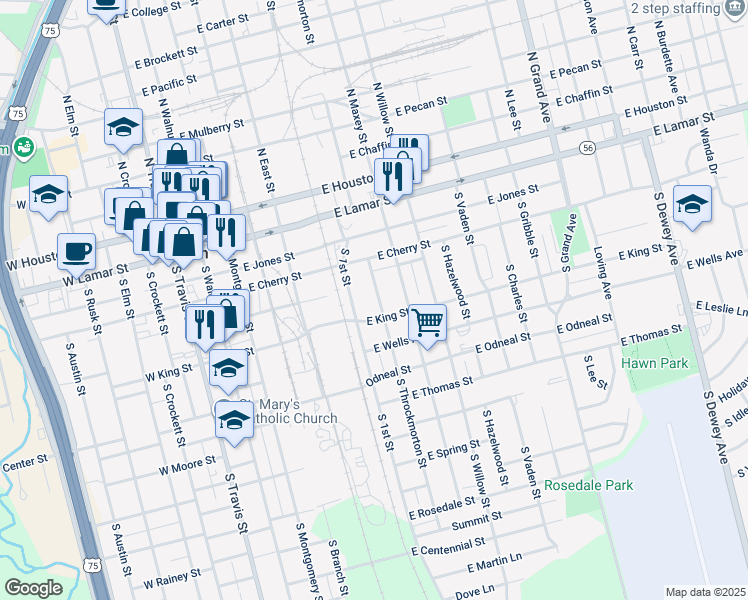 map of restaurants, bars, coffee shops, grocery stores, and more near 507 South Throckmorton Street in Sherman
