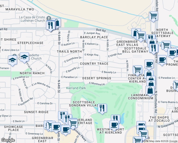 map of restaurants, bars, coffee shops, grocery stores, and more near 6625 East Sandra Terrace in Scottsdale