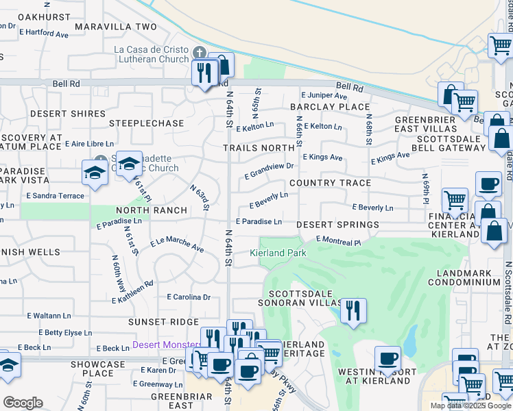 map of restaurants, bars, coffee shops, grocery stores, and more near 6452 East Beverly Lane in Scottsdale