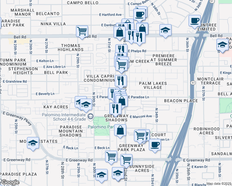 map of restaurants, bars, coffee shops, grocery stores, and more near 16222 North 32nd Street in Phoenix