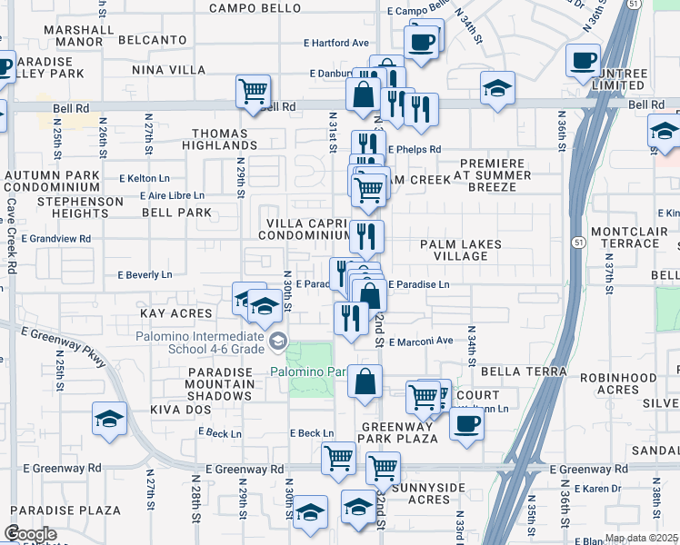 map of restaurants, bars, coffee shops, grocery stores, and more near 16226 North 31st Street in Phoenix