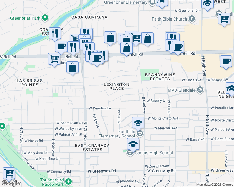 map of restaurants, bars, coffee shops, grocery stores, and more near 6501 West Kings Avenue in Glendale