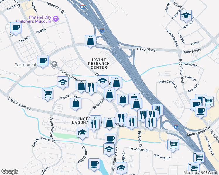 map of restaurants, bars, coffee shops, grocery stores, and more near 9660 Research Drive in Irvine