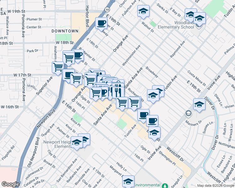 map of restaurants, bars, coffee shops, grocery stores, and more near 283 Cabrillo Street in Costa Mesa