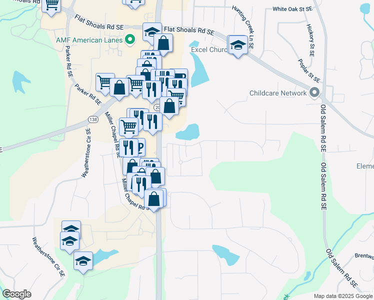 map of restaurants, bars, coffee shops, grocery stores, and more near 1272 Saxony Drive Southeast in Conyers