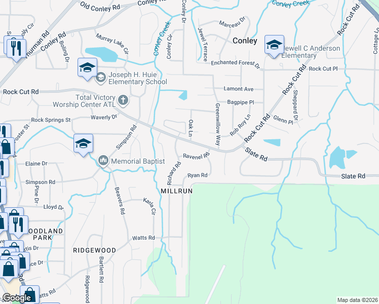map of restaurants, bars, coffee shops, grocery stores, and more near 1498 Ravenel Road in Conley