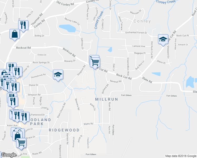 map of restaurants, bars, coffee shops, grocery stores, and more near 1409 Rock Cut Road in Forest Park