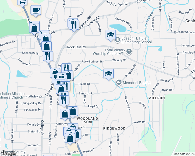 map of restaurants, bars, coffee shops, grocery stores, and more near 1180 Stoneybrook Road in Forest Park
