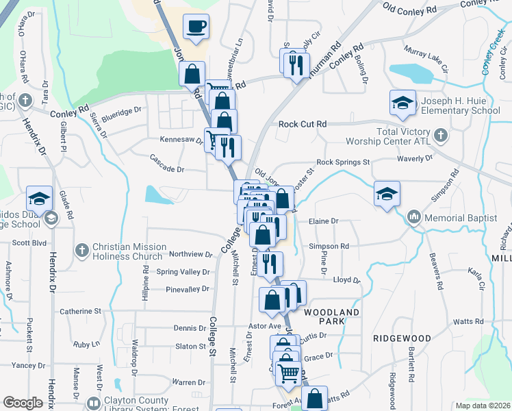 map of restaurants, bars, coffee shops, grocery stores, and more near 4420 Jonesboro Road in Forest Park