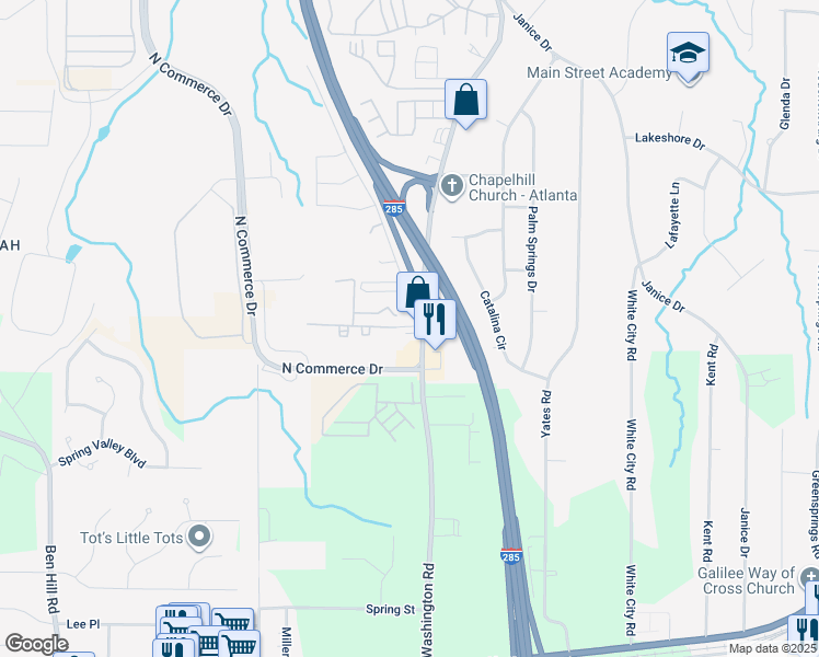 map of restaurants, bars, coffee shops, grocery stores, and more near 4467 South Commerce Drive in Atlanta