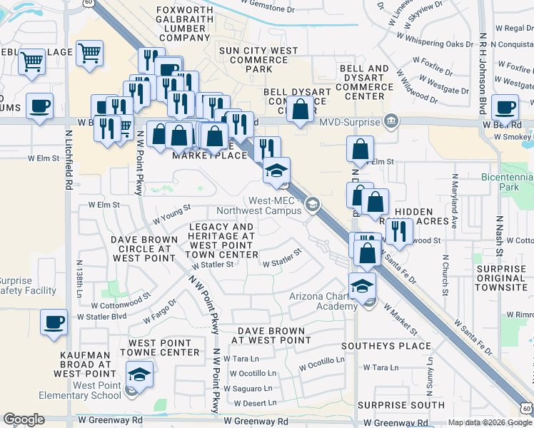 map of restaurants, bars, coffee shops, grocery stores, and more near 13328 West Market Street in Surprise