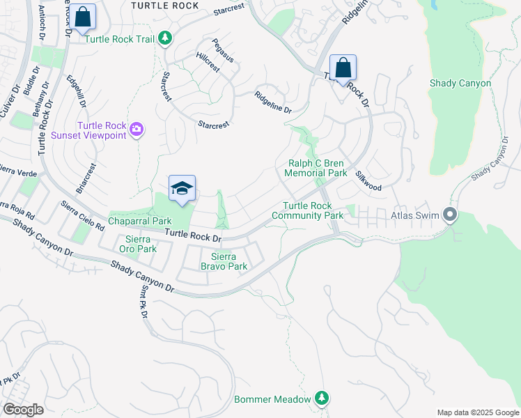 map of restaurants, bars, coffee shops, grocery stores, and more near 19292 Sierra Inez Road in Irvine