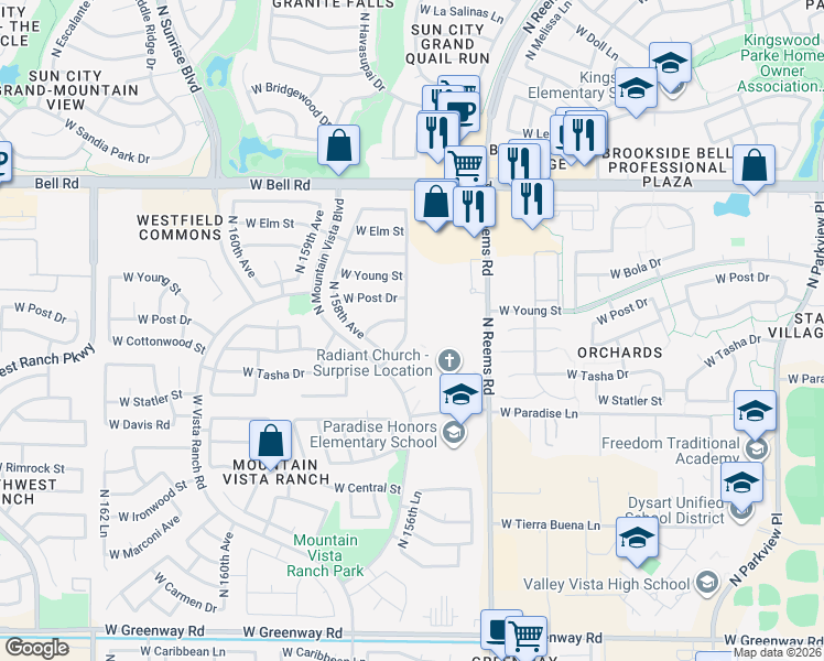 map of restaurants, bars, coffee shops, grocery stores, and more near 16630 North Reems Road in Surprise