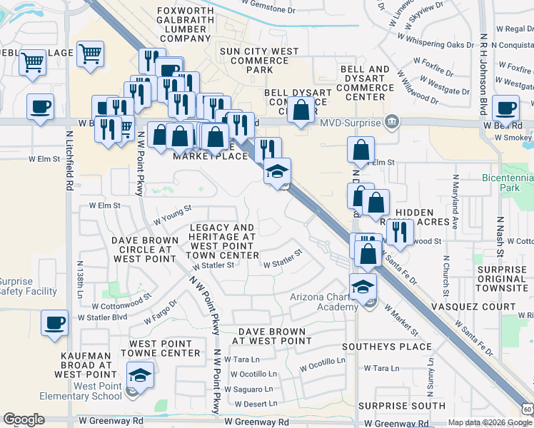 map of restaurants, bars, coffee shops, grocery stores, and more near 13328 West Market Street in Surprise