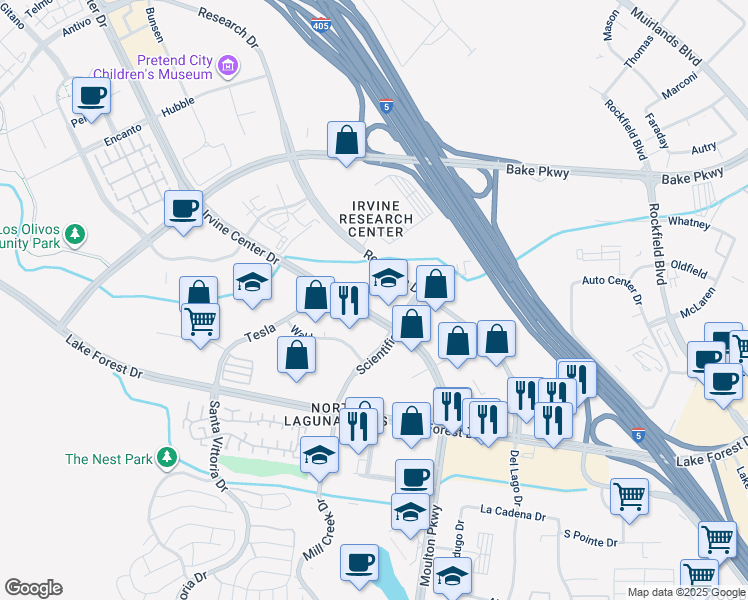 map of restaurants, bars, coffee shops, grocery stores, and more near 9591 Irvine Center Drive in Irvine