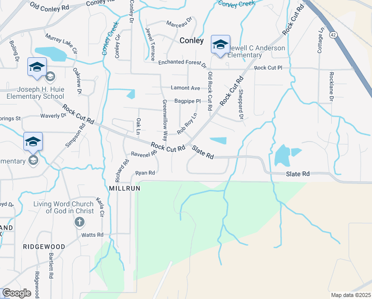 map of restaurants, bars, coffee shops, grocery stores, and more near 1617 Rock Cut Road in Conley