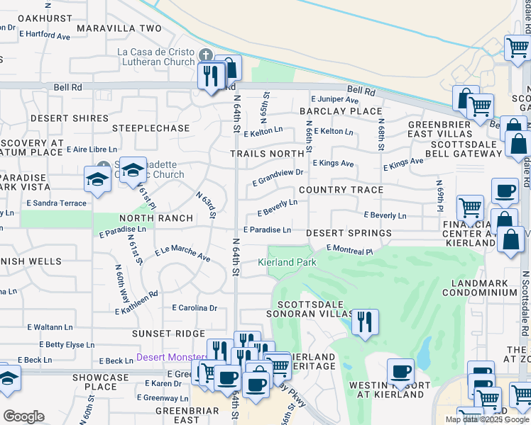map of restaurants, bars, coffee shops, grocery stores, and more near 6452 East Beverly Lane in Scottsdale