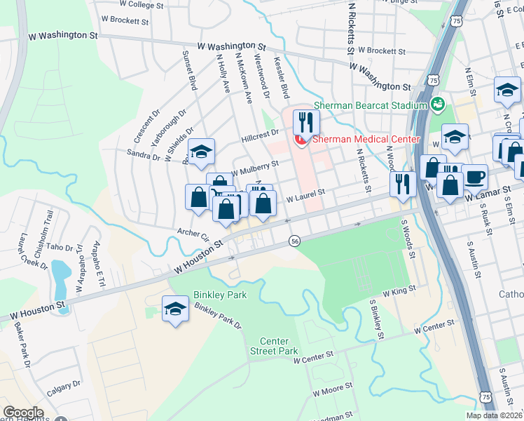 map of restaurants, bars, coffee shops, grocery stores, and more near 1315 West Laurel Street in Sherman