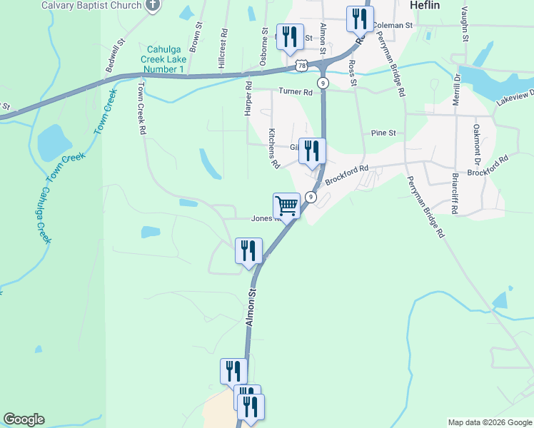 map of restaurants, bars, coffee shops, grocery stores, and more near 72 Jones Road in Heflin