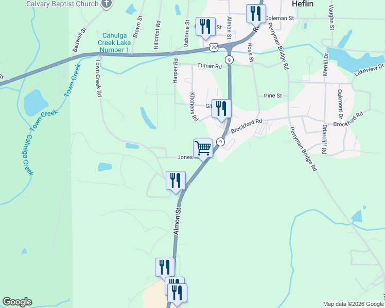 map of restaurants, bars, coffee shops, grocery stores, and more near 72 Jones Road in Heflin