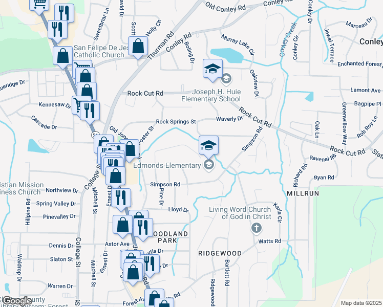 map of restaurants, bars, coffee shops, grocery stores, and more near 1189 Stoneybrook Road in Forest Park