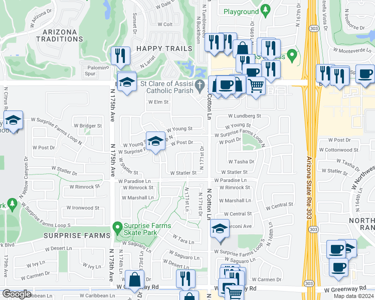 map of restaurants, bars, coffee shops, grocery stores, and more near 17166 West Cottonwood Street in Surprise