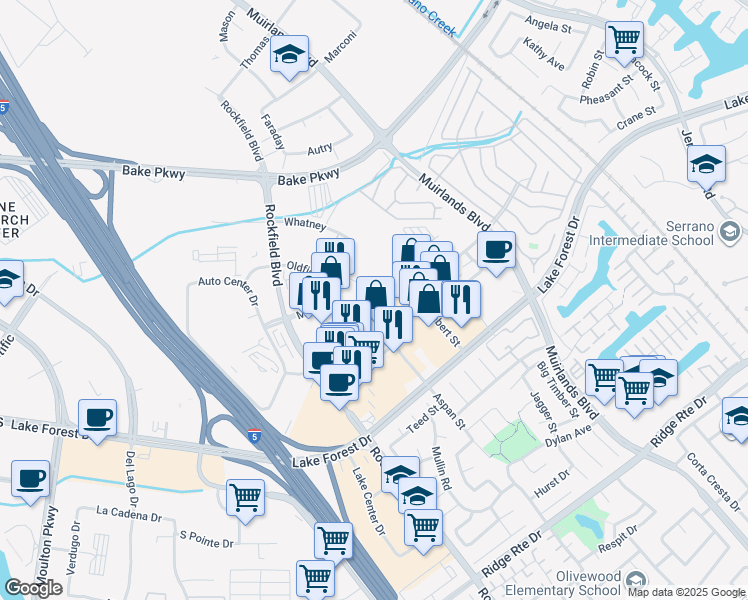 map of restaurants, bars, coffee shops, grocery stores, and more near 23675 Birtcher Drive in Lake Forest
