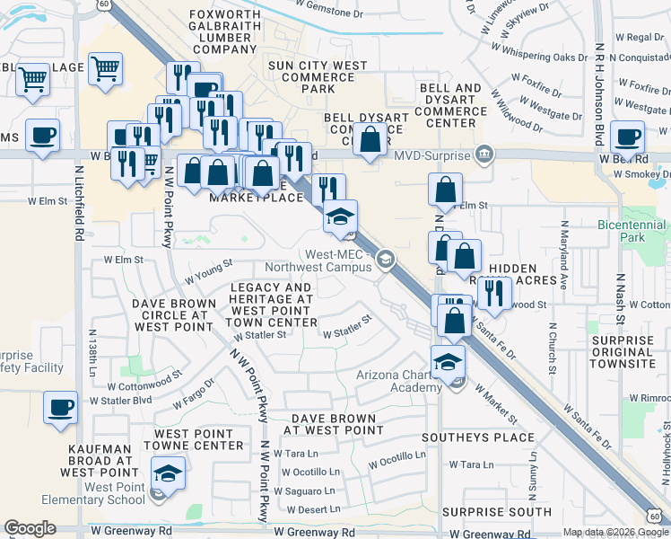 map of restaurants, bars, coffee shops, grocery stores, and more near 13328 West Market Street in Surprise
