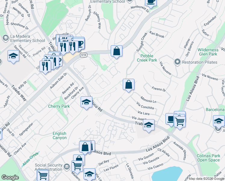 map of restaurants, bars, coffee shops, grocery stores, and more near 22631 Manalastas Drive in Lake Forest