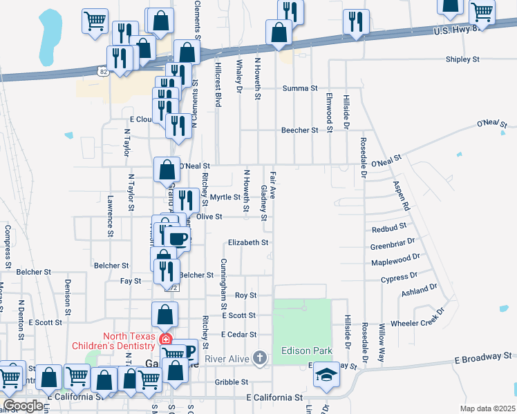 map of restaurants, bars, coffee shops, grocery stores, and more near 927 Gladney Street in Gainesville