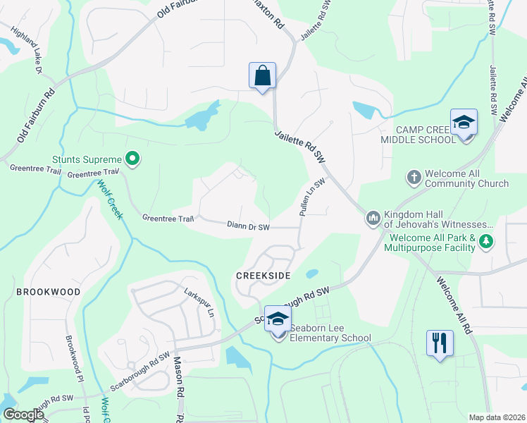 map of restaurants, bars, coffee shops, grocery stores, and more near 4445 Robin Lane Southwest in Atlanta