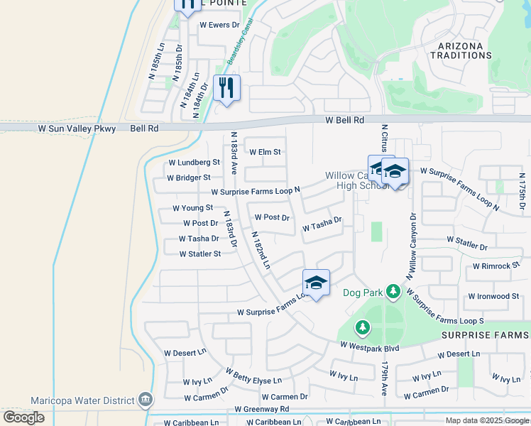map of restaurants, bars, coffee shops, grocery stores, and more near 18253 West Young Street in Surprise