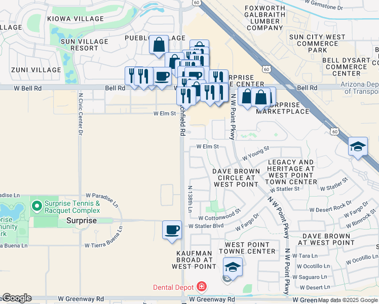 map of restaurants, bars, coffee shops, grocery stores, and more near 17901 West Lundberg Street in Surprise