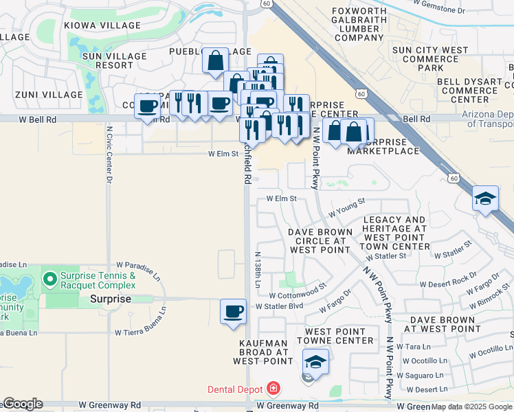 map of restaurants, bars, coffee shops, grocery stores, and more near 17901 West Lundberg Street in Surprise