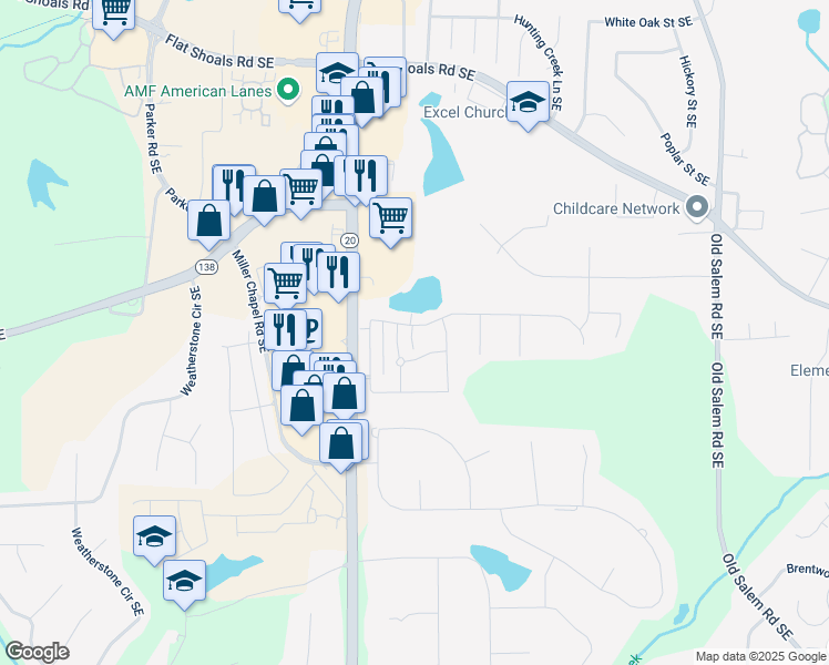 map of restaurants, bars, coffee shops, grocery stores, and more near 1272 Saxony Drive Southeast in Conyers
