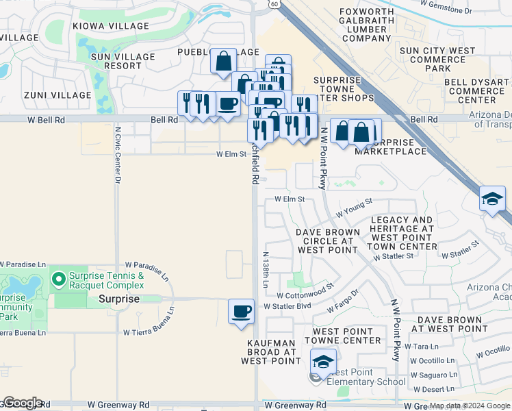 map of restaurants, bars, coffee shops, grocery stores, and more near North Litchfield Road in Surprise