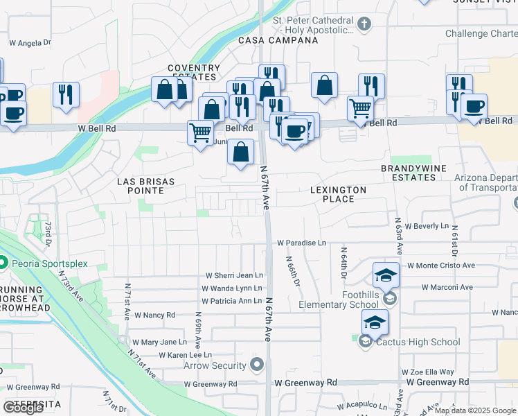 map of restaurants, bars, coffee shops, grocery stores, and more near 16487 North 67th Drive in Peoria