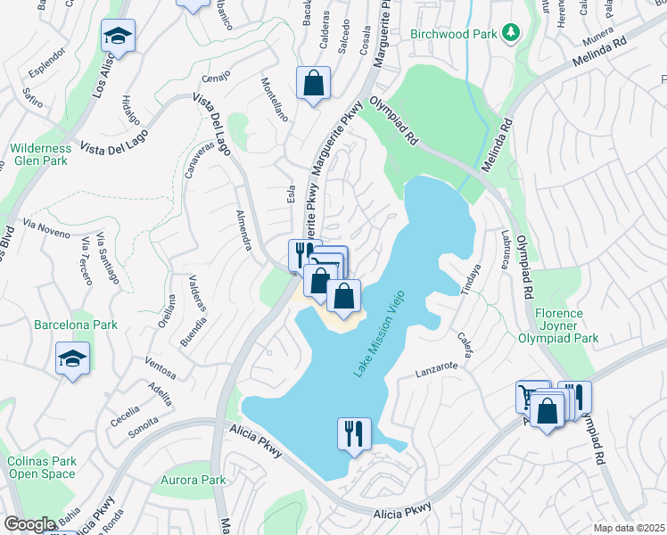 map of restaurants, bars, coffee shops, grocery stores, and more near 27722 Campanet in Mission Viejo