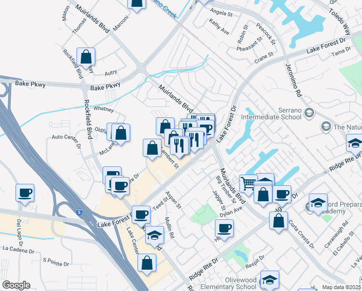 map of restaurants, bars, coffee shops, grocery stores, and more near 22572 Shannon Circle in Lake Forest