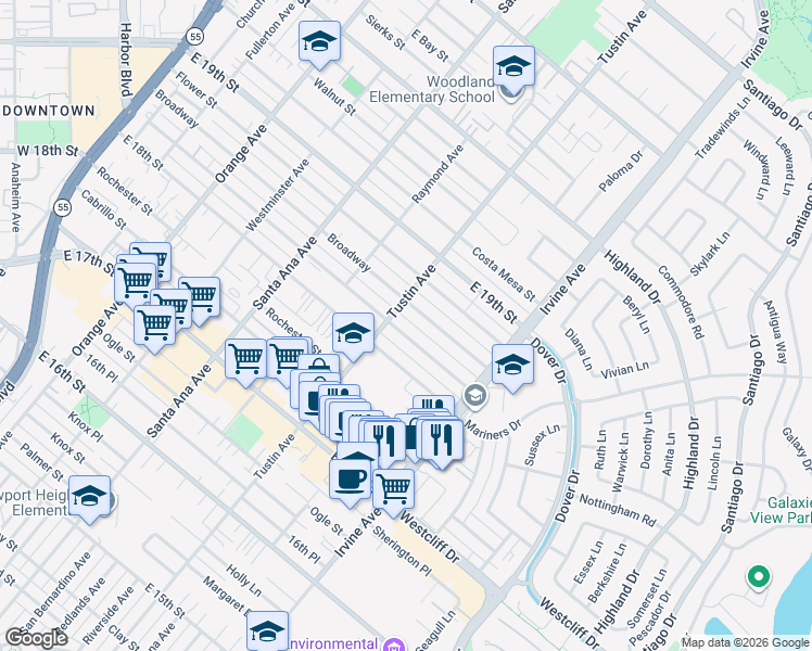 map of restaurants, bars, coffee shops, grocery stores, and more near 412 Magnolia Street in Costa Mesa