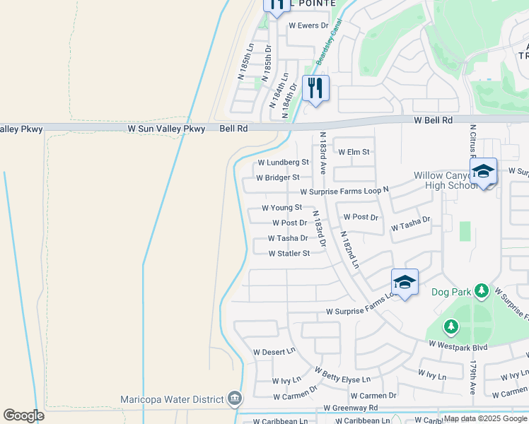 map of restaurants, bars, coffee shops, grocery stores, and more near 18473 West Young Street in Surprise