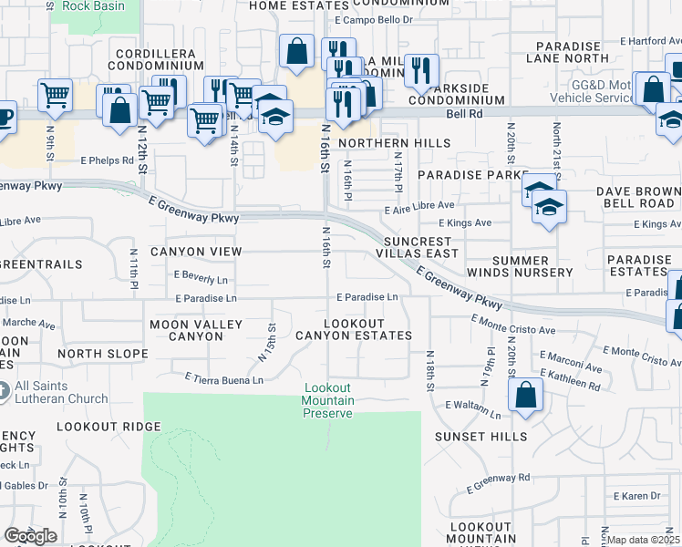 map of restaurants, bars, coffee shops, grocery stores, and more near 16237 North 16th Place in Phoenix