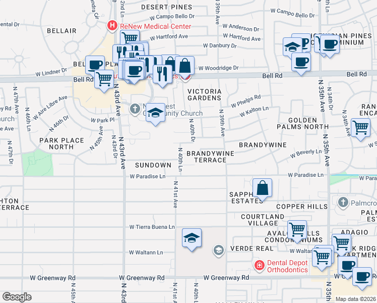 map of restaurants, bars, coffee shops, grocery stores, and more near 4041 West Grandview Road in Phoenix