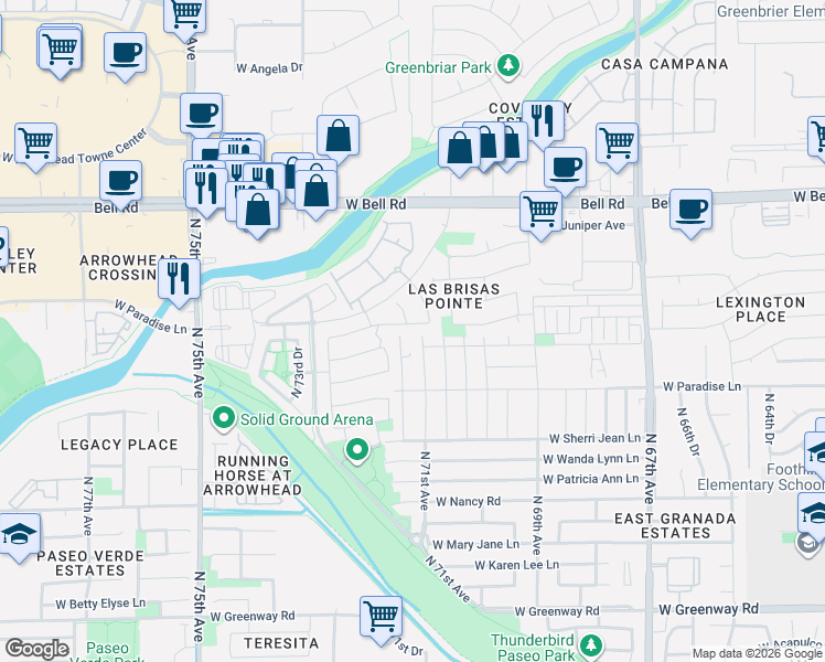map of restaurants, bars, coffee shops, grocery stores, and more near 7136 West Kings Avenue in Peoria