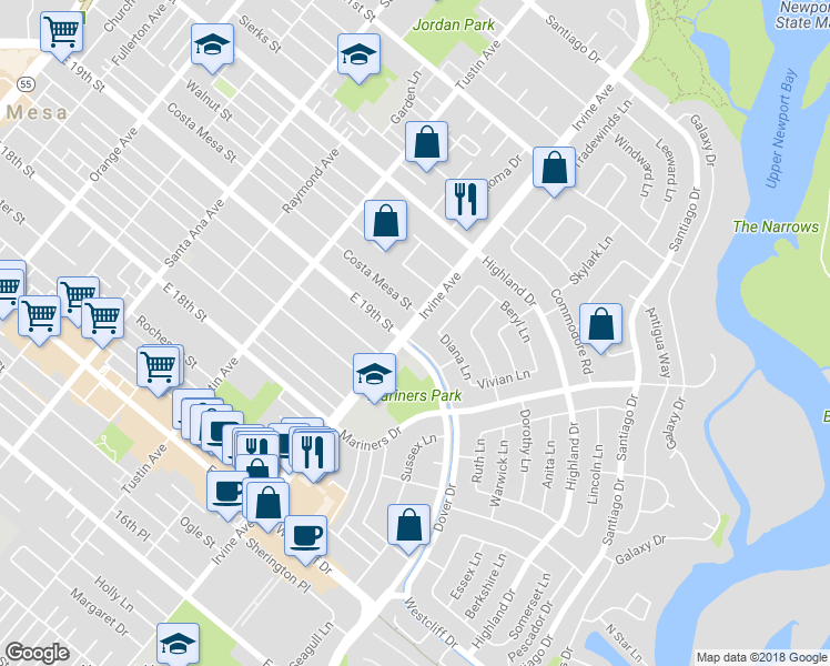 map of restaurants, bars, coffee shops, grocery stores, and more near 497 Costa Mesa Street in Costa Mesa