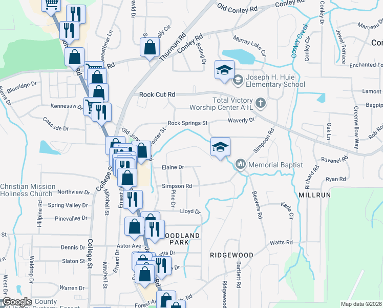 map of restaurants, bars, coffee shops, grocery stores, and more near 1149 Stoneybrook Road in Forest Park