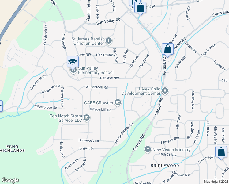 map of restaurants, bars, coffee shops, grocery stores, and more near 848 Woodbrook Road in Center Point