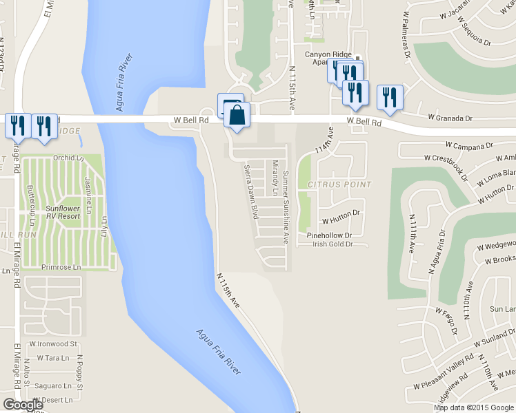 map of restaurants, bars, coffee shops, grocery stores, and more near 11596 West Sierra Dawn Boulevard in Surprise