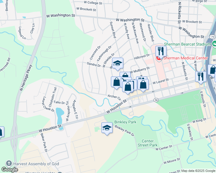 map of restaurants, bars, coffee shops, grocery stores, and more near 1817 West Shields Drive in Sherman